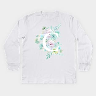 Botanical alphabet C green and purple flowers Kids Long Sleeve T-Shirt